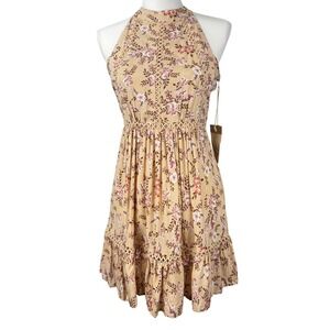 Sunday Mi Amor Floral Halter Mini Dress Tan Pink Boho Open Back Crochet Trim S